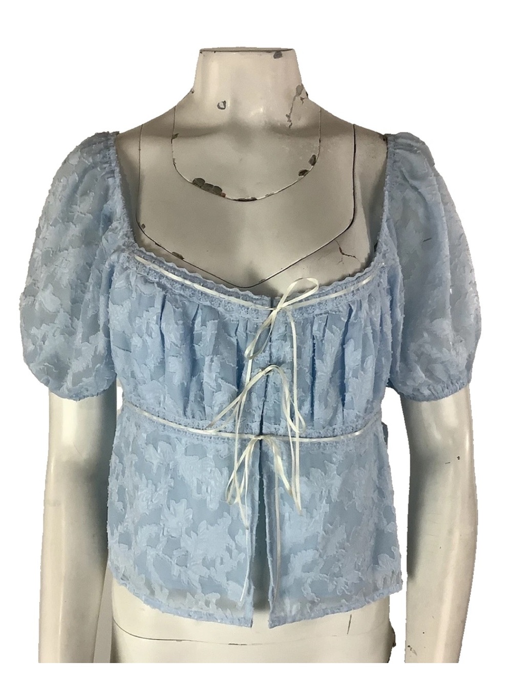 NWT Altar'd State Sz XL Tie Front Lace Trim Peasant Baby Doll Top Light Blue
